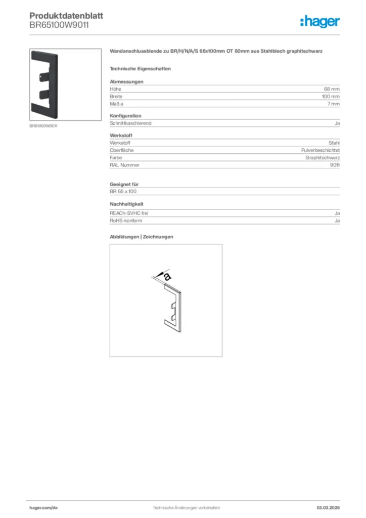 Bild Hager Produktdatenblatt BR65100W9011 | Hager Deutschland