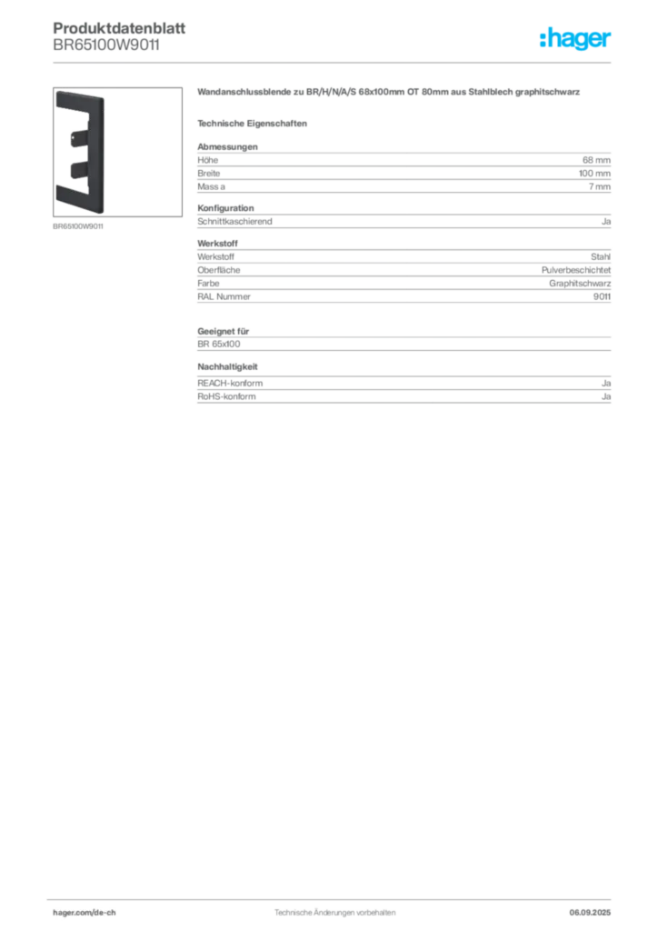 Bild Hager Produktdatenblatt BR65100W9011 | Hager Schweiz