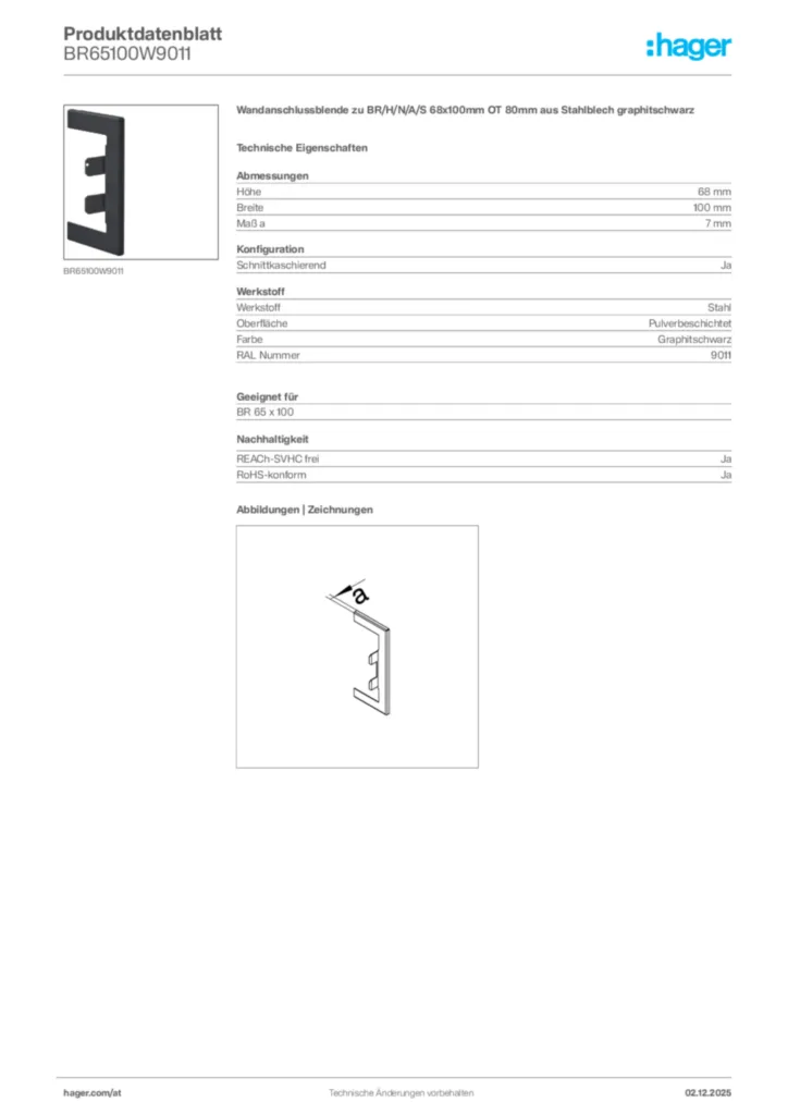 Bild Hager Produktdatenblatt BR65100W9011 | Hager Deutschland