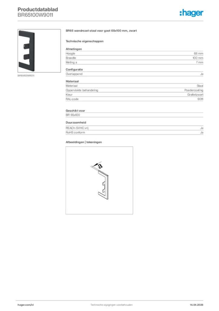 Afbeelding Hager Productdatablad BR65100W9011 | Hager Nederland