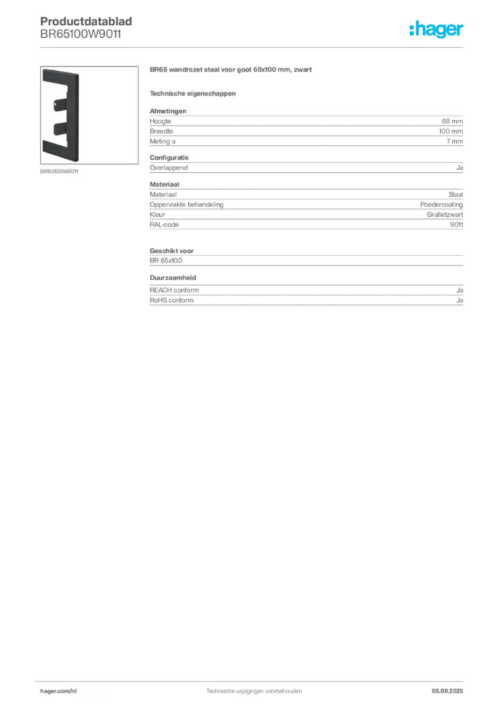 Afbeelding Hager Productdatablad BR65100W9011 | Hager Nederland