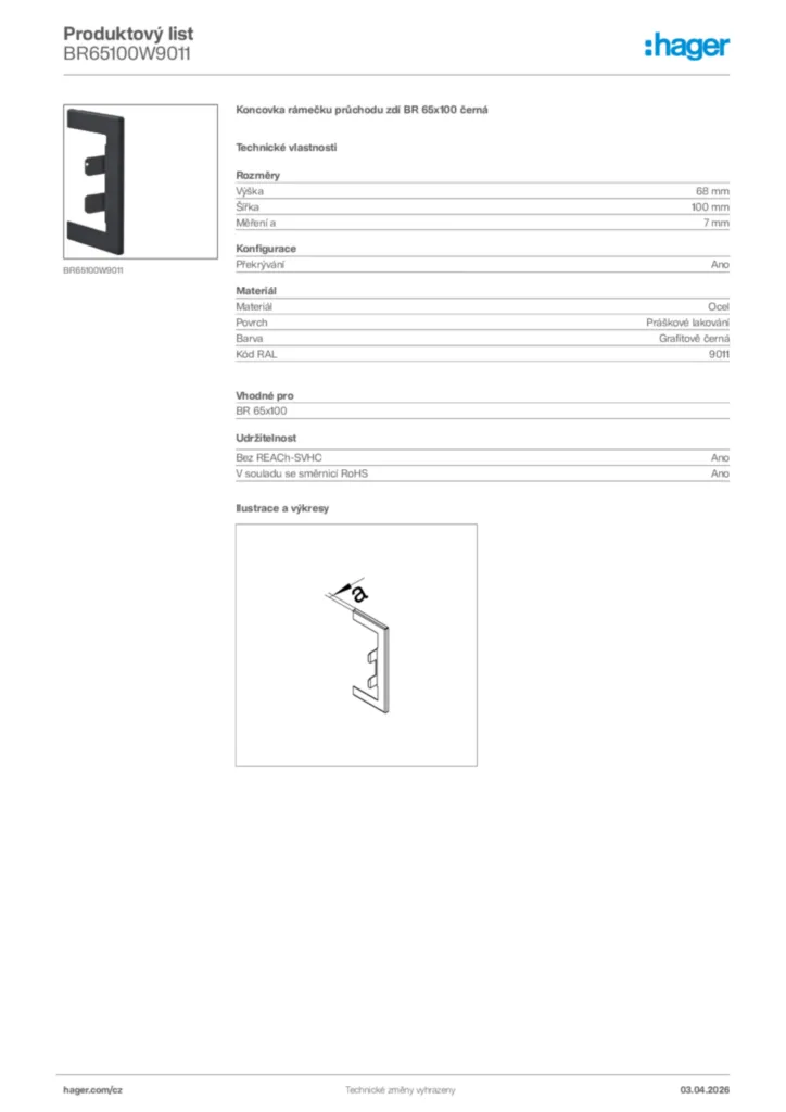 Obrázek Hager Product data sheet BR65100W9011 | Hager