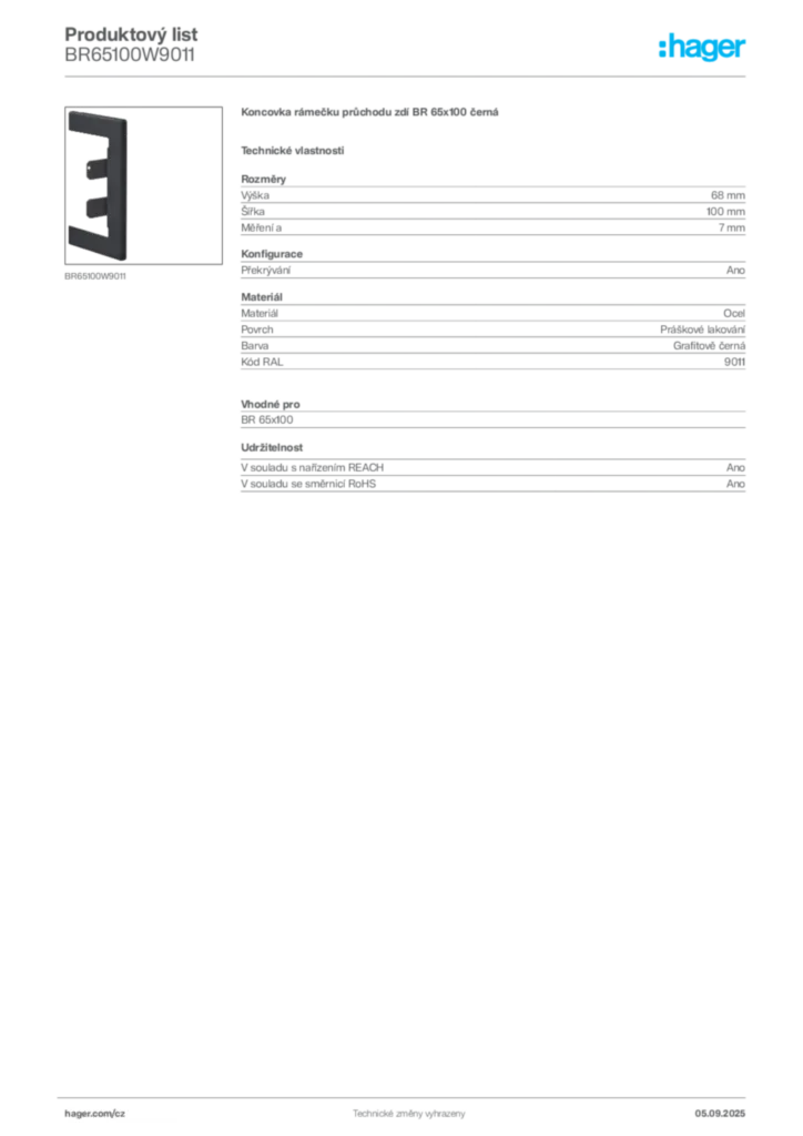 Obrázek Hager Produktový list BR65100W9011 | Hager