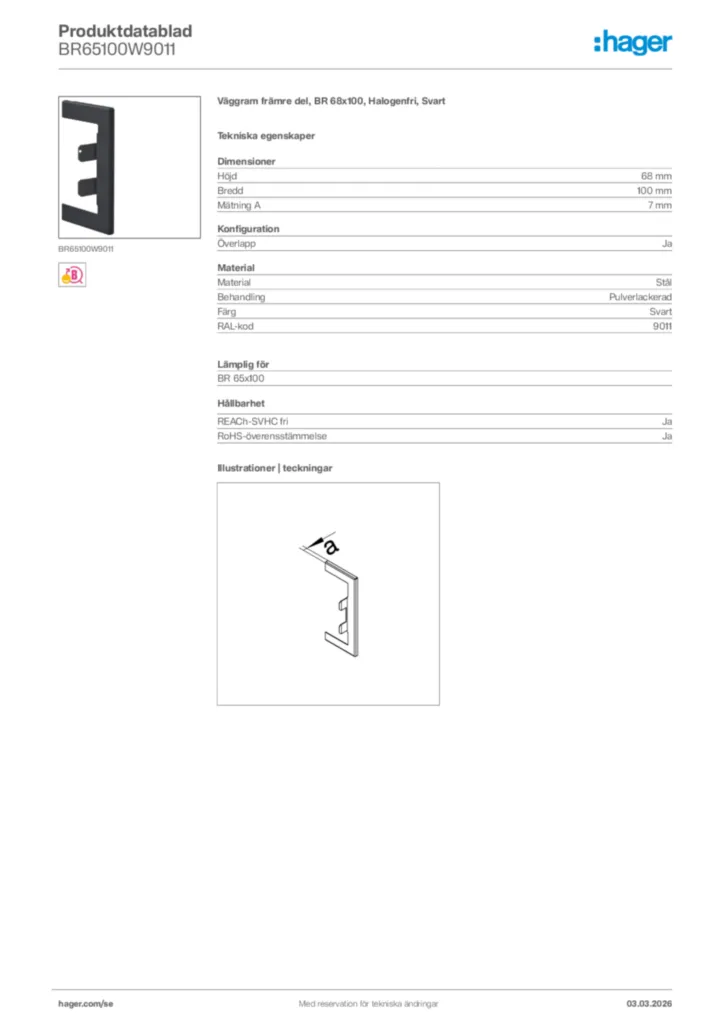 Bild Hager Produktdatablad BR65100W9011 | Hager Sverige