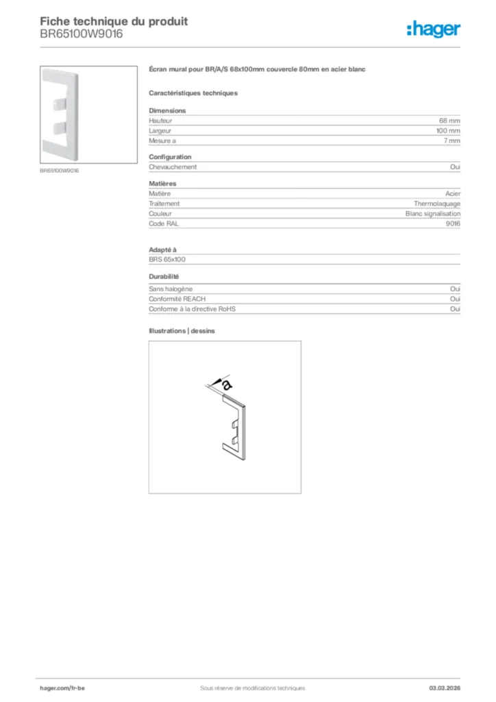 Image Hager Fiche technique du produit BR65100W9016 | Hager Belgique