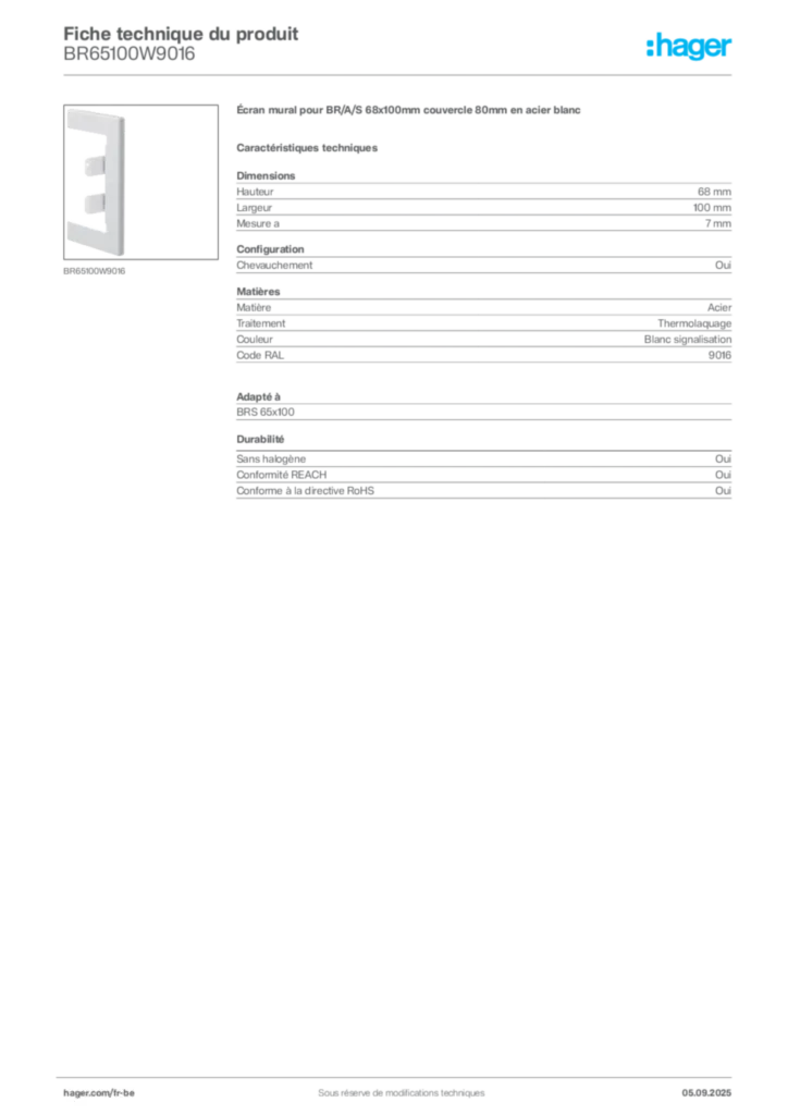 Image Hager Fiche technique du produit BR65100W9016 | Hager Belgique