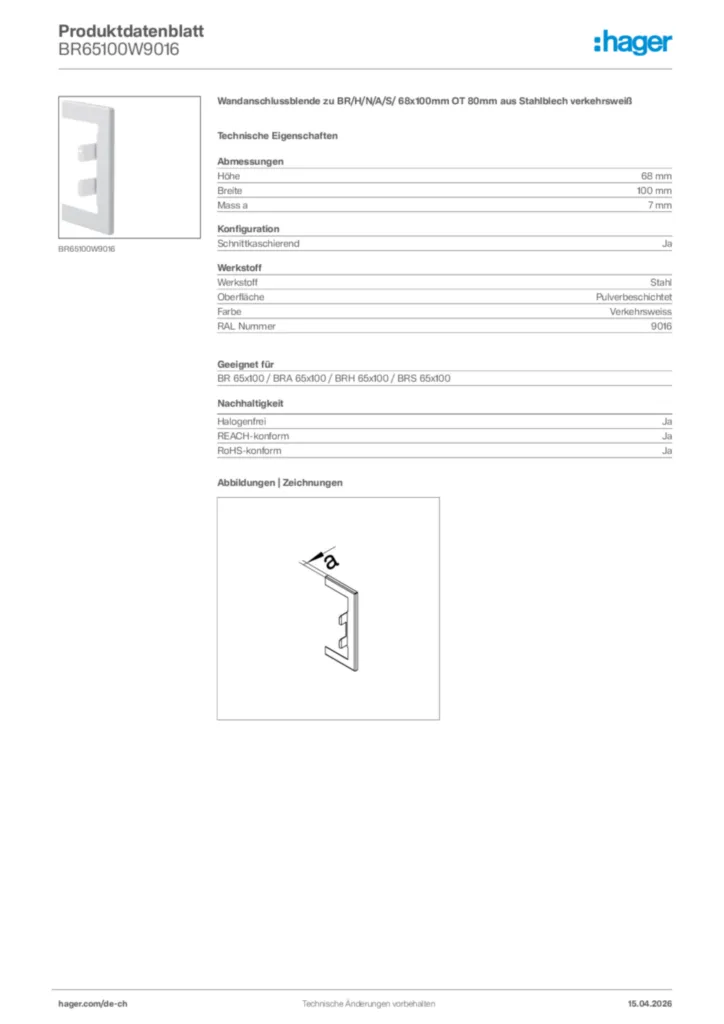 Bild Hager Produktdatenblatt BR65100W9016 | Hager Schweiz