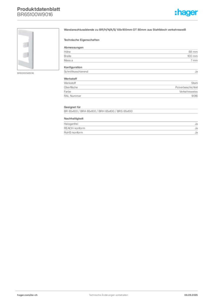 Bild Hager Produktdatenblatt BR65100W9016 | Hager Schweiz