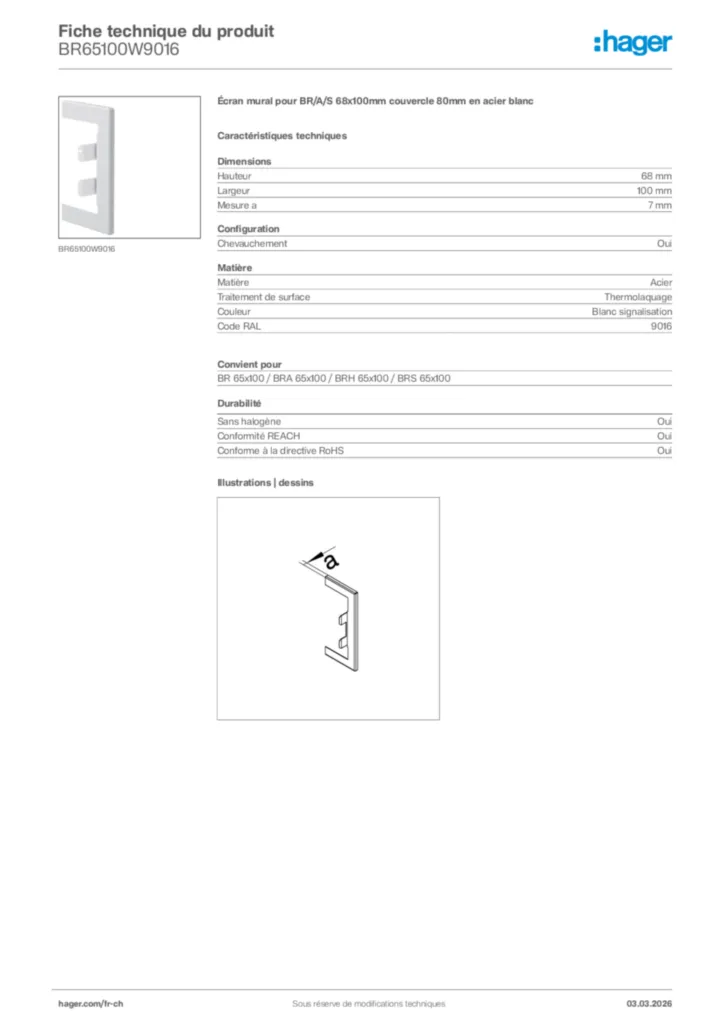 Image Hager Fiche technique du produit BR65100W9016 | Hager Suisse