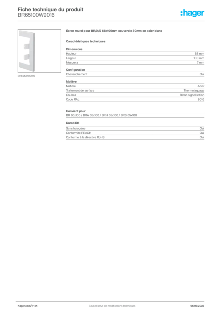 Image Hager Fiche technique du produit BR65100W9016 | Hager Suisse