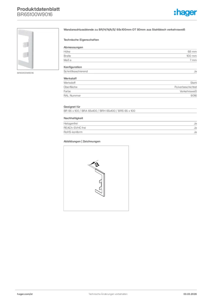 Bild Hager Produktdatenblatt BR65100W9016 | Hager Deutschland