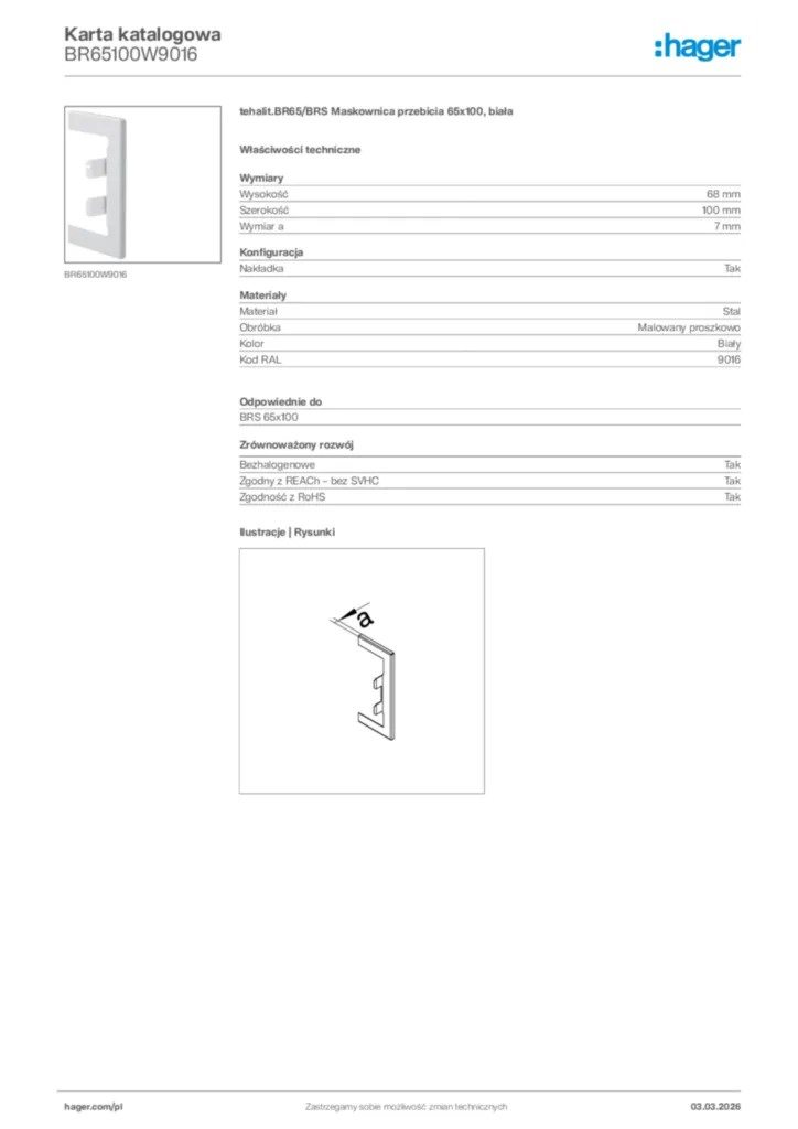 Zdjęcie Hager Karta katalogowa BR65100W9016 | Hager Polska