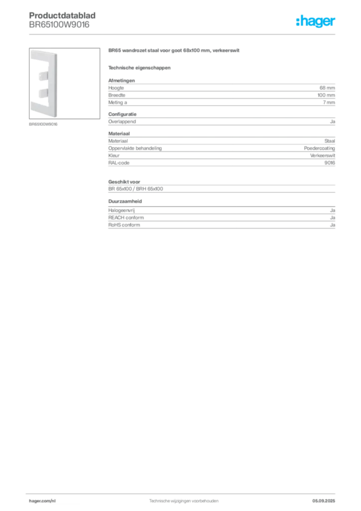 Afbeelding Hager Productdatablad BR65100W9016 | Hager Nederland