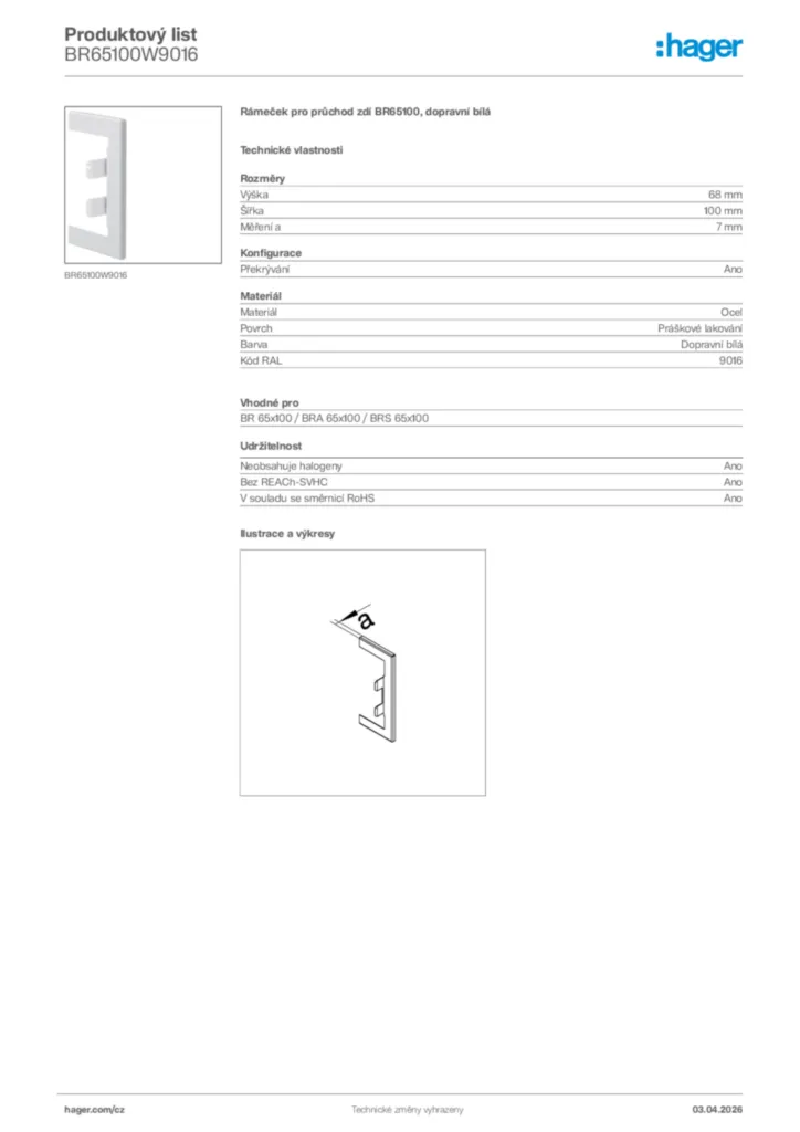 Obrázek Hager Product data sheet BR65100W9016 | Hager