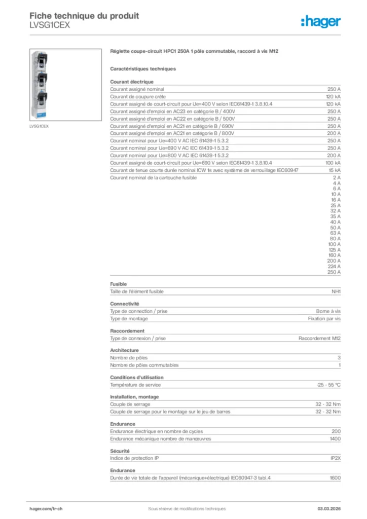 Image Hager Fiche technique du produit LVSG1CEX | Hager Suisse