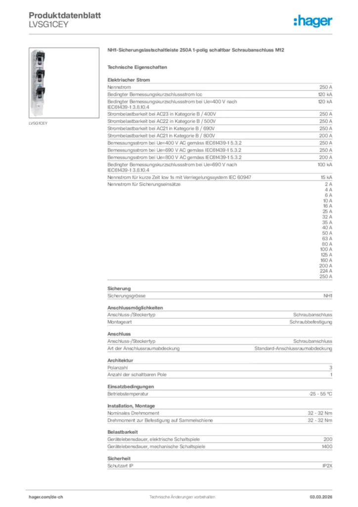 Bild Hager Produktdatenblatt LVSG1CEY | Hager Schweiz
