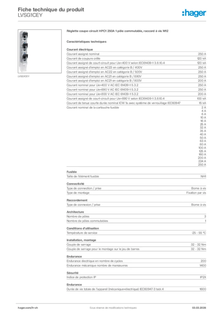 Image Hager Fiche technique du produit LVSG1CEY | Hager Suisse