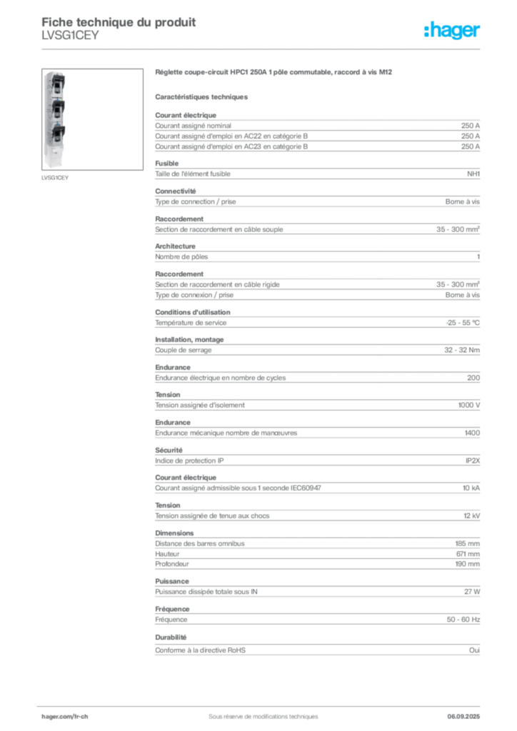 Image Hager Fiche technique du produit LVSG1CEY | Hager Suisse
