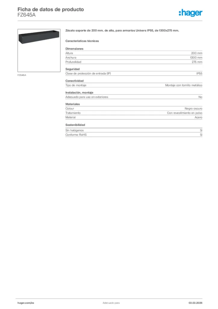 Imagen Hager Ficha de datos de producto FZ645A | Hager España