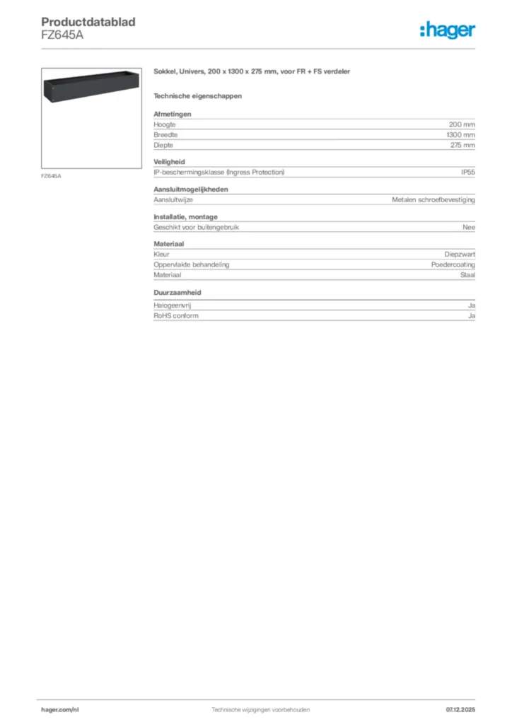 Afbeelding Hager Productdatablad FZ645A | Hager Nederland