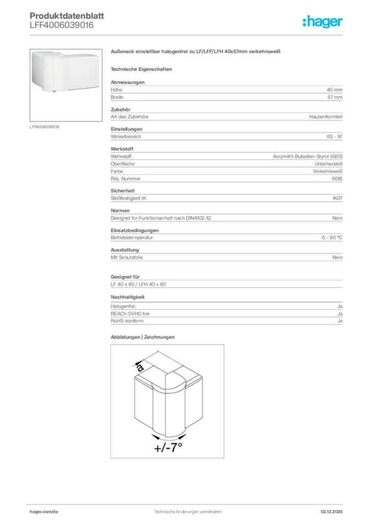 Bild Hager Produktdatenblatt LFF4006039016 | Hager Deutschland