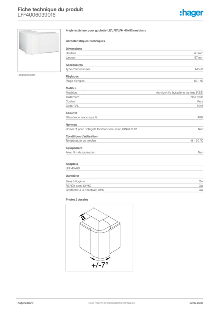 Image Hager Fiche technique du produit LFF4006039016 | Hager France
