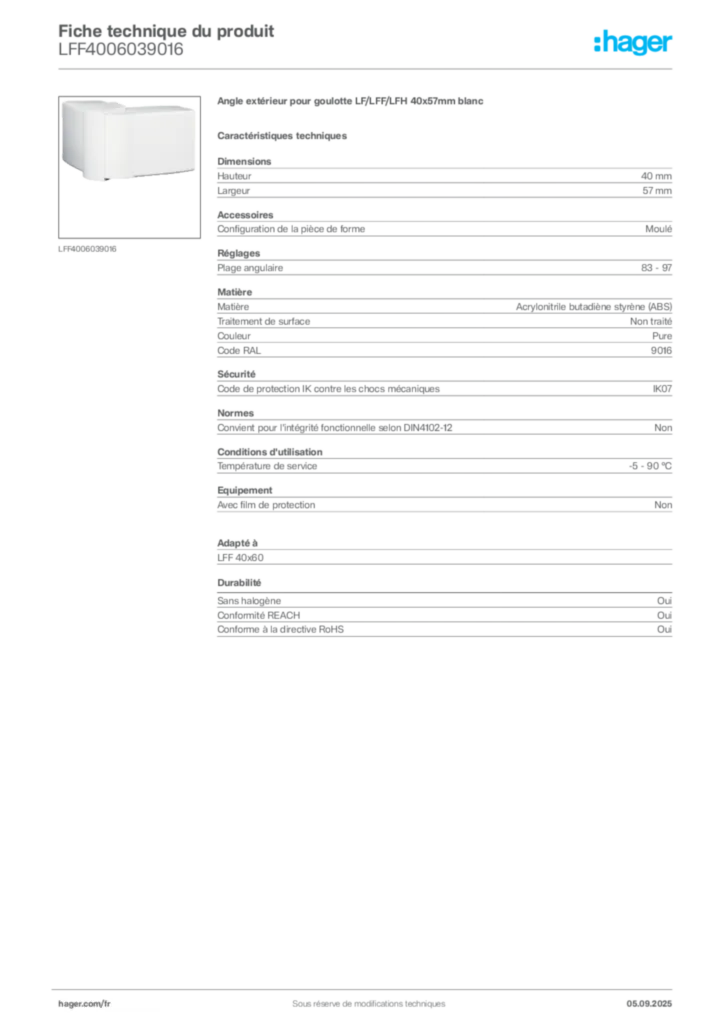 Image Hager Fiche technique du produit LFF4006039016 | Hager France