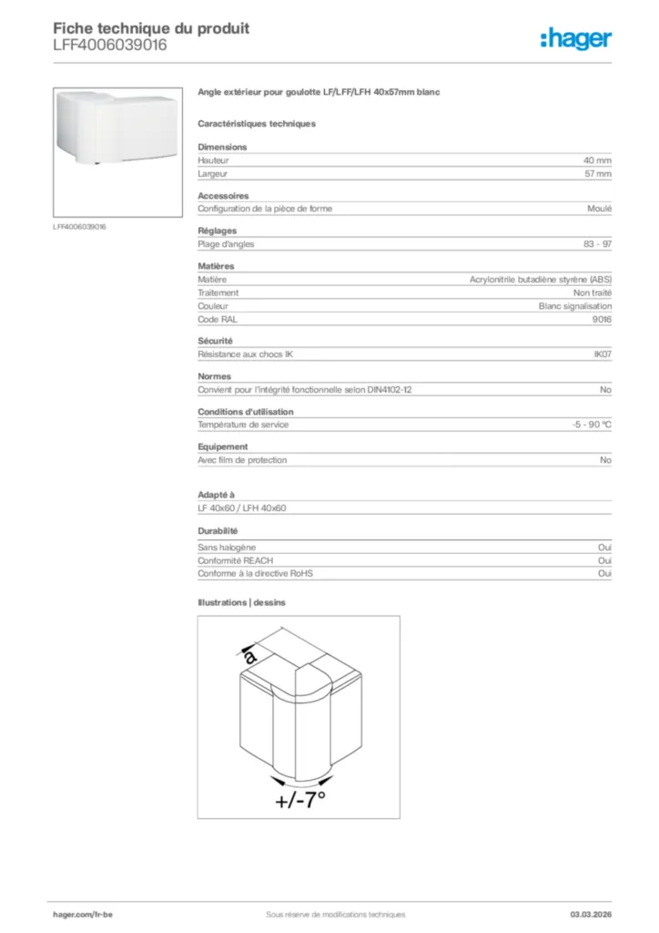 Image Hager Fiche technique du produit LFF4006039016 | Hager Belgique