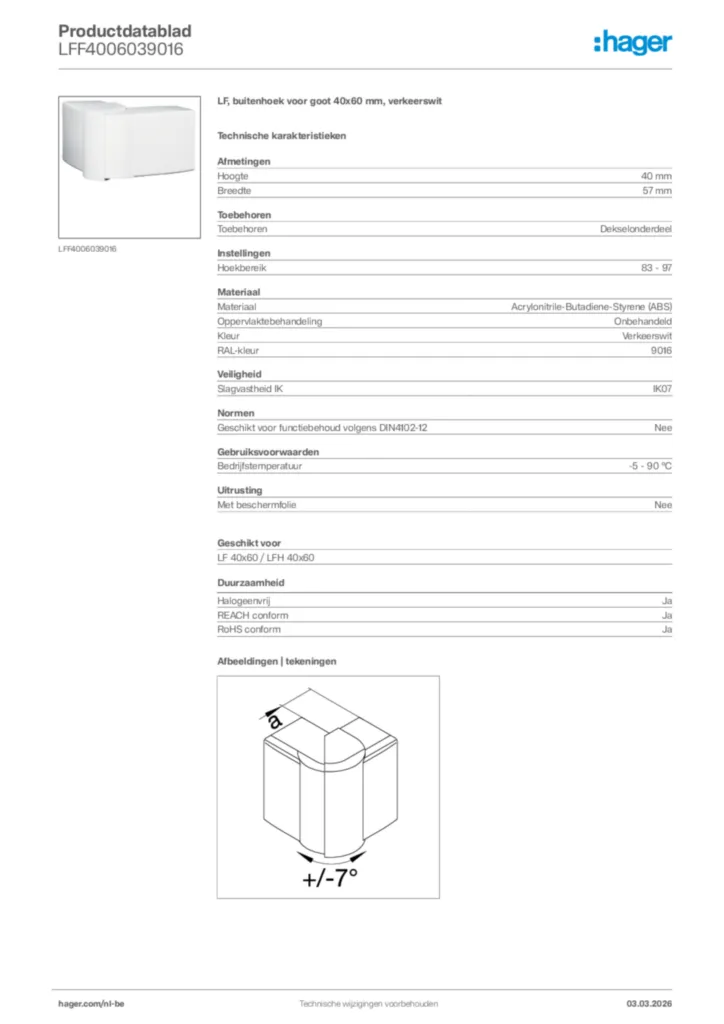 Afbeelding Hager Productdatablad LFF4006039016 | Hager Belgium