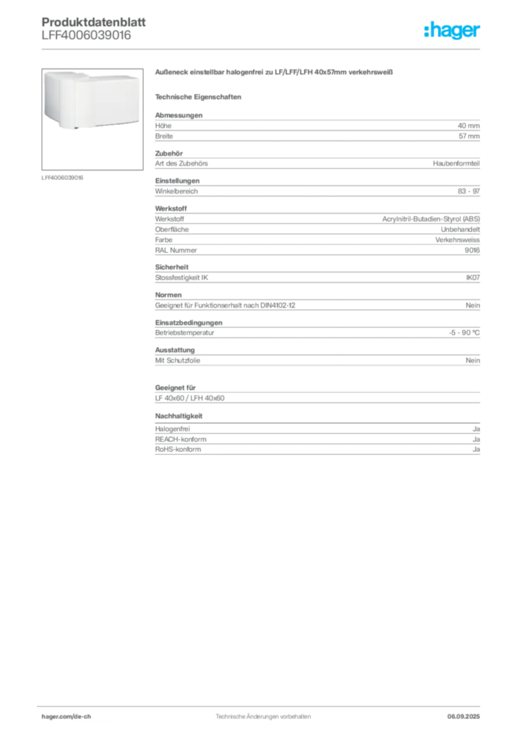 Bild Hager Produktdatenblatt LFF4006039016 | Hager Schweiz