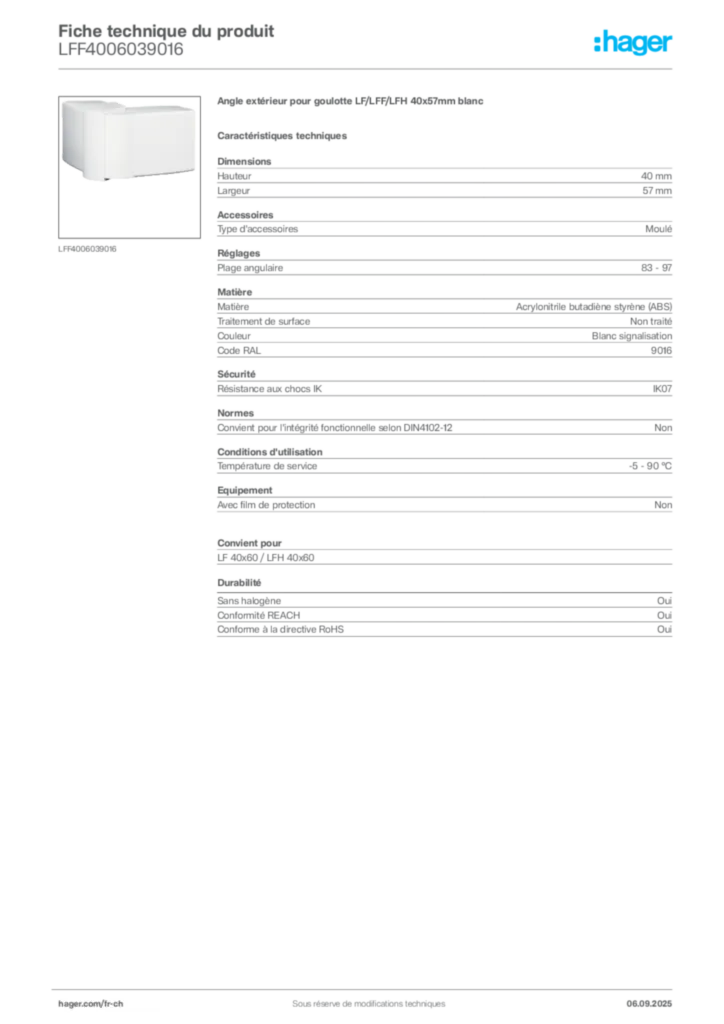 Image Hager Fiche technique du produit LFF4006039016 | Hager Suisse