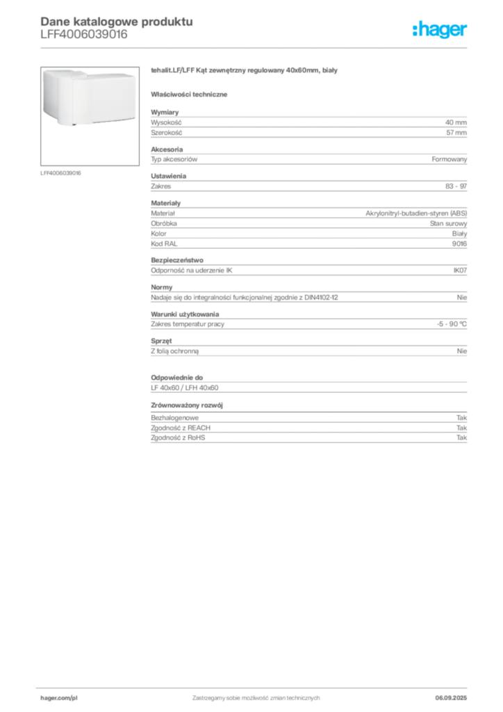 Zdjęcie Hager Dane katalogowe produktu LFF4006039016 | Hager Polska