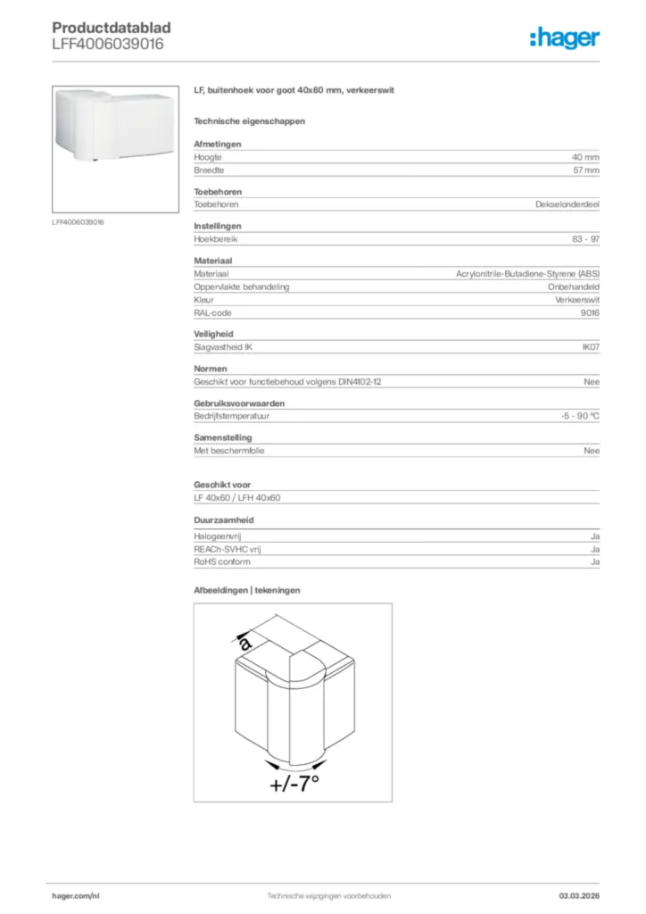 Afbeelding Hager Productdatablad LFF4006039016 | Hager Nederland