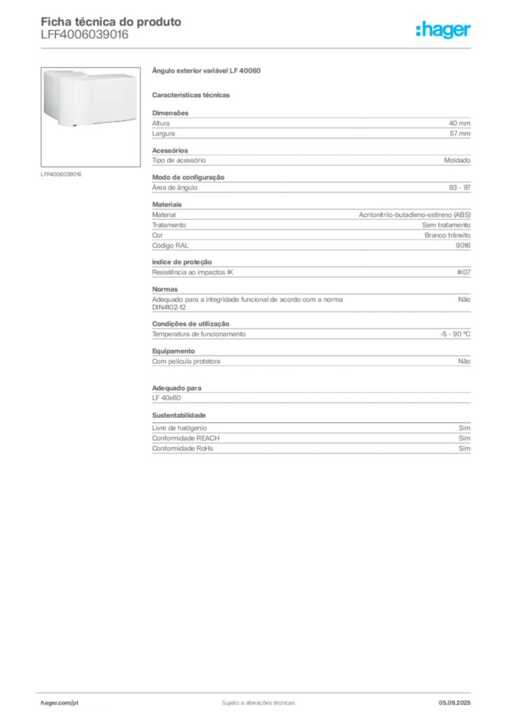 Imagem Hager Ficha técnica do produto LFF4006039016 | Hager Portugal