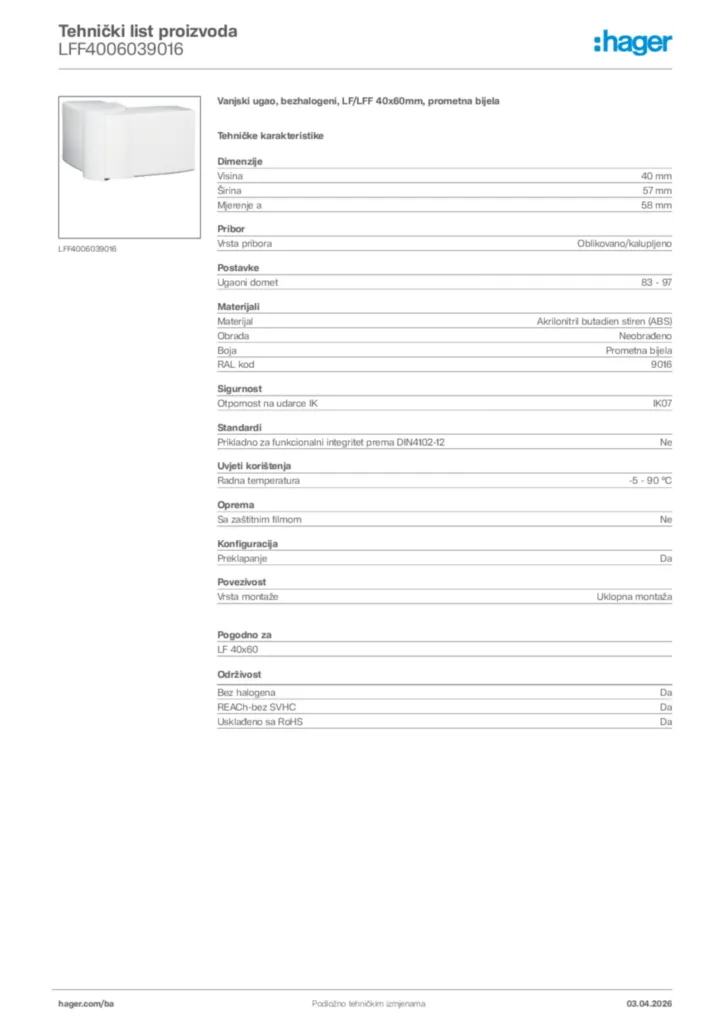 Slika Hager Tehnički list proizvoda LFF4006039016  | Hager