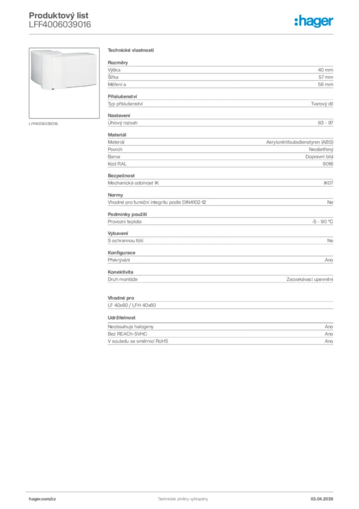 Obrázek Hager Product data sheet LFF4006039016 | Hager