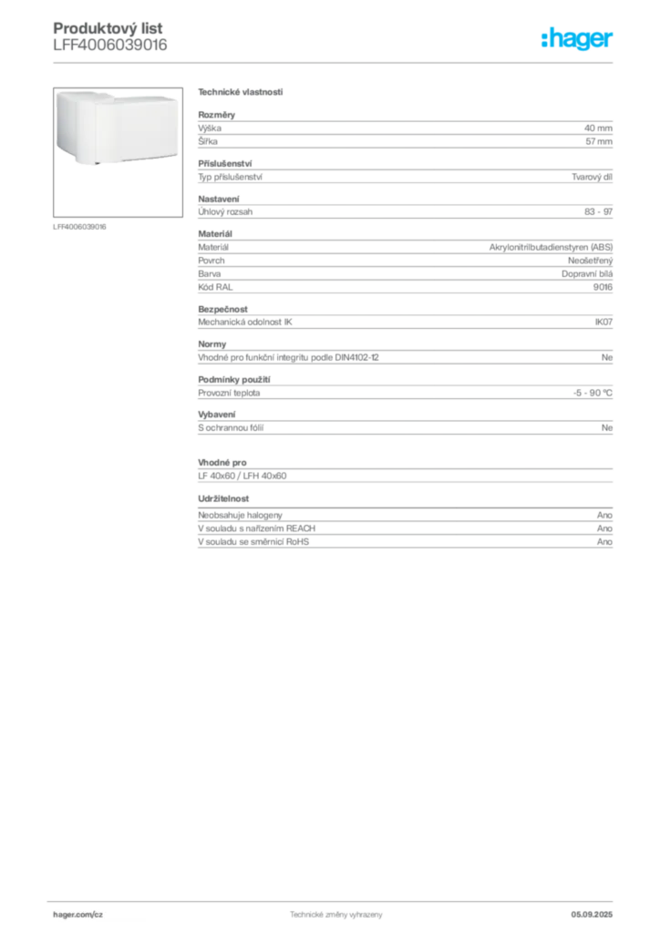 Obrázek Hager Produktový list LFF4006039016 | Hager