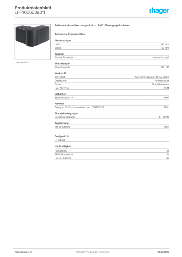 Bild Hager Produktdatenblatt LFF4006039011 | Hager Schweiz