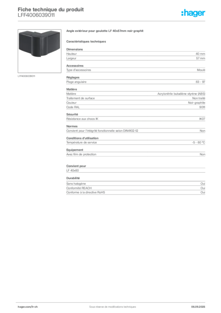Image Hager Fiche technique du produit LFF4006039011 | Hager Suisse