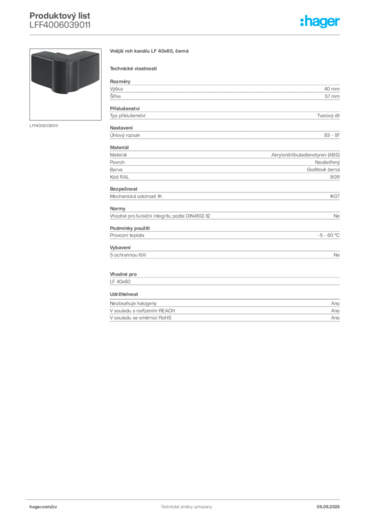 Obrázek Hager Produktový list LFF4006039011 | Hager