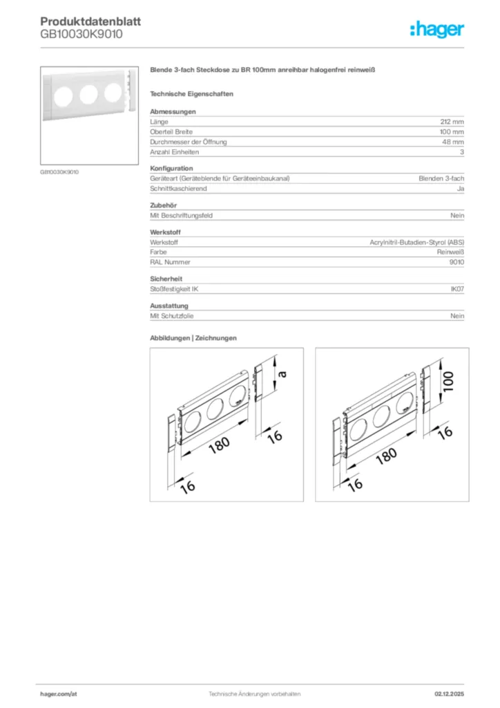 Bild Hager Produktdatenblatt GB10030K9010 | Hager Deutschland