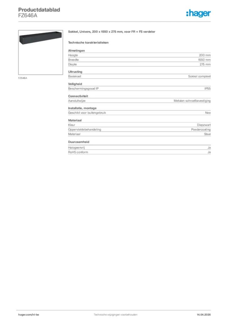 Afbeelding Hager Productdatablad FZ646A | Hager Belgium