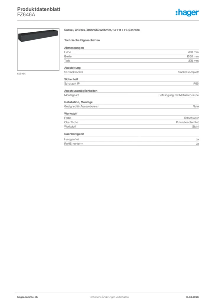Bild Hager Produktdatenblatt FZ646A | Hager Schweiz
