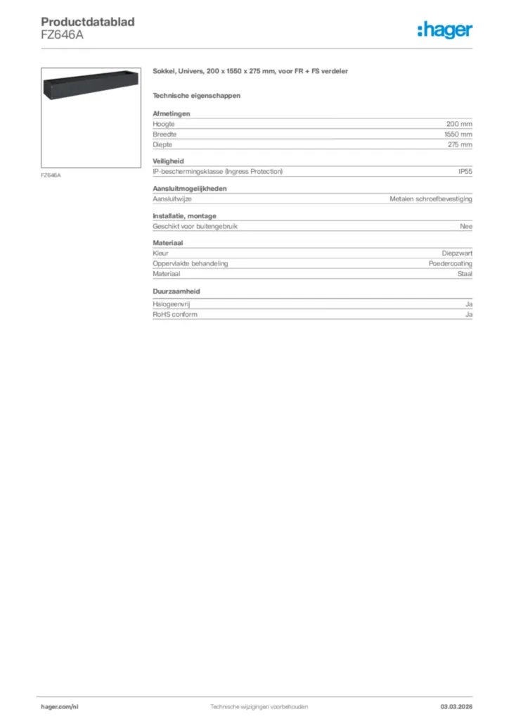 Afbeelding Hager Productdatablad FZ646A | Hager Nederland