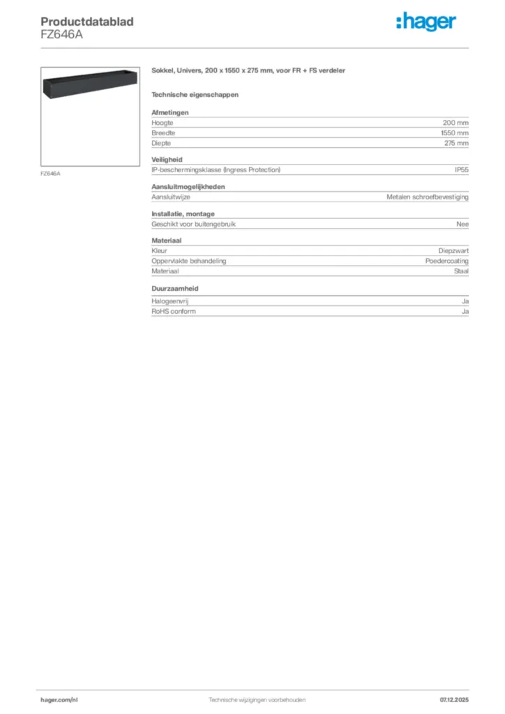 Afbeelding Hager Productdatablad FZ646A | Hager Nederland
