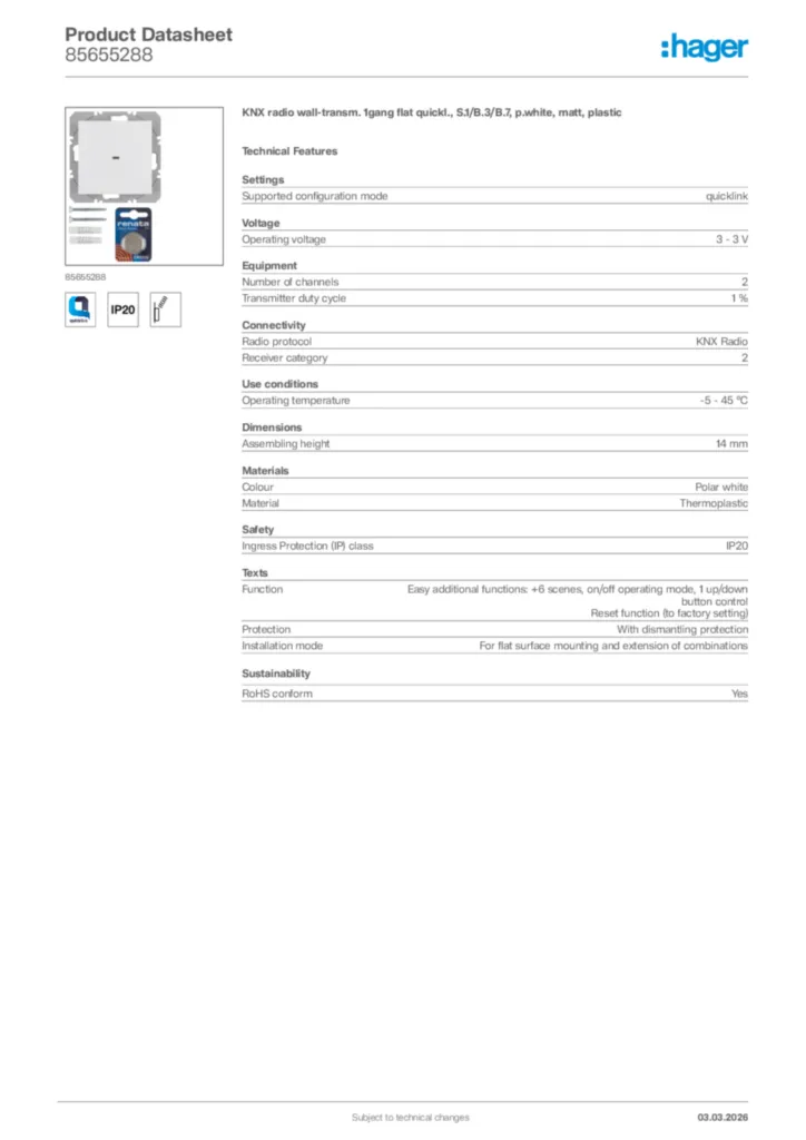 Image Hager Product data sheet 85655288  | Hager Africa