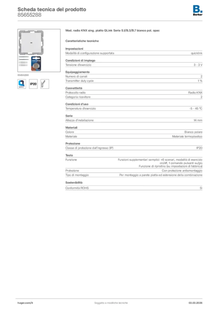 Immagine Berker Scheda tecnica del prodotto 85655288 | Hager Italia