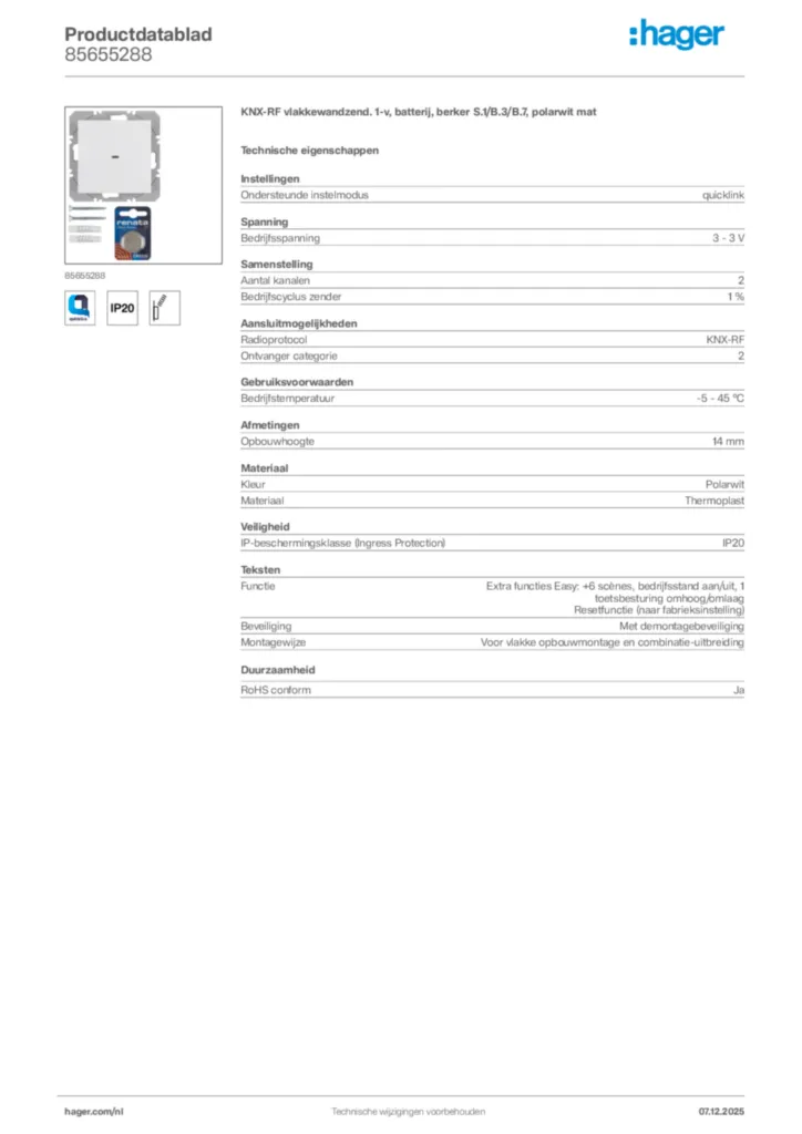 Afbeelding Hager Productdatablad 85655288 | Hager Nederland