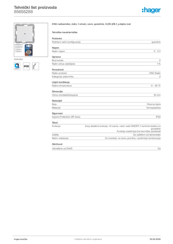 Slika Hager Tehnički list proizvoda 85655288  | Hager