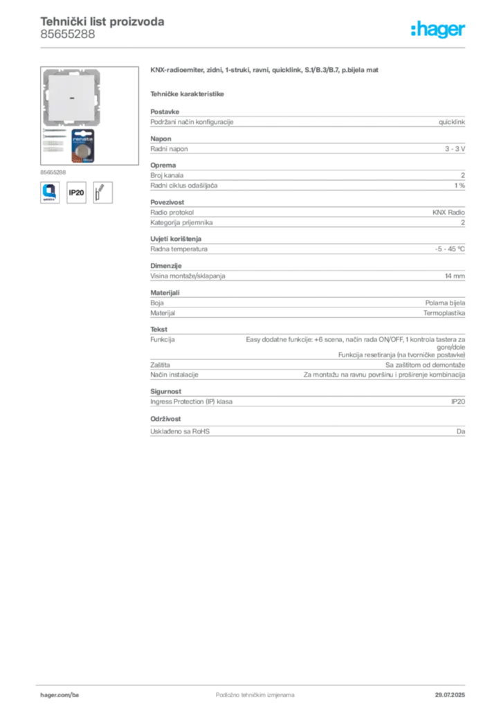 Slika Hager Product data sheet 85655288  | Hager